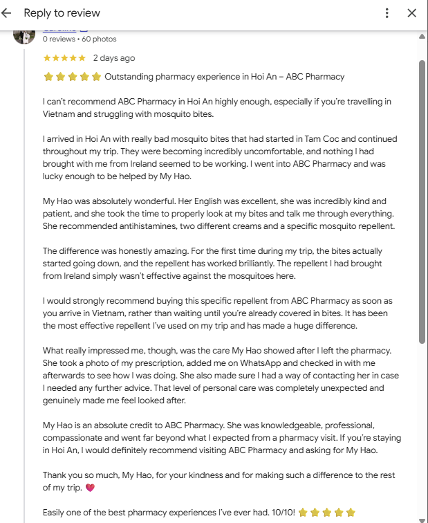 Google review screenshot from a traveler describing mosquito bite support and mosquito repellent advice at ABC Pharmacy in Hoi An, Vietnam