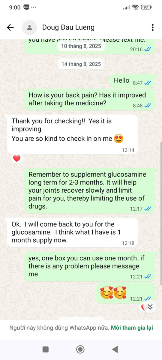 Anonymized WhatsApp customer follow-up from ABC Pharmacy Hoi An after shoulder pain support