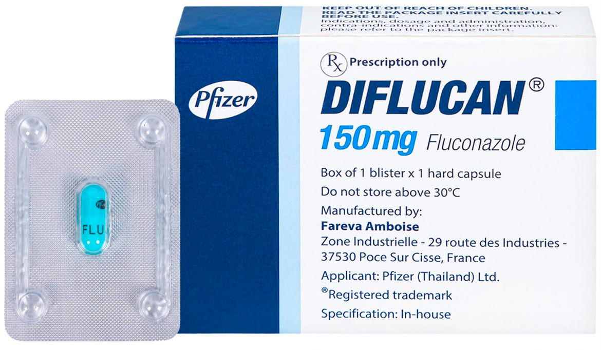 Diflucan 150mg fluconazole prescription-only hard capsule by Pfizer, shown with box and blister