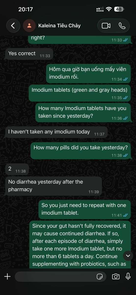 Anonymized ABC Pharmacy pharmacist follow-up about diarrhea symptoms and medicine use for a traveler in Da Nang