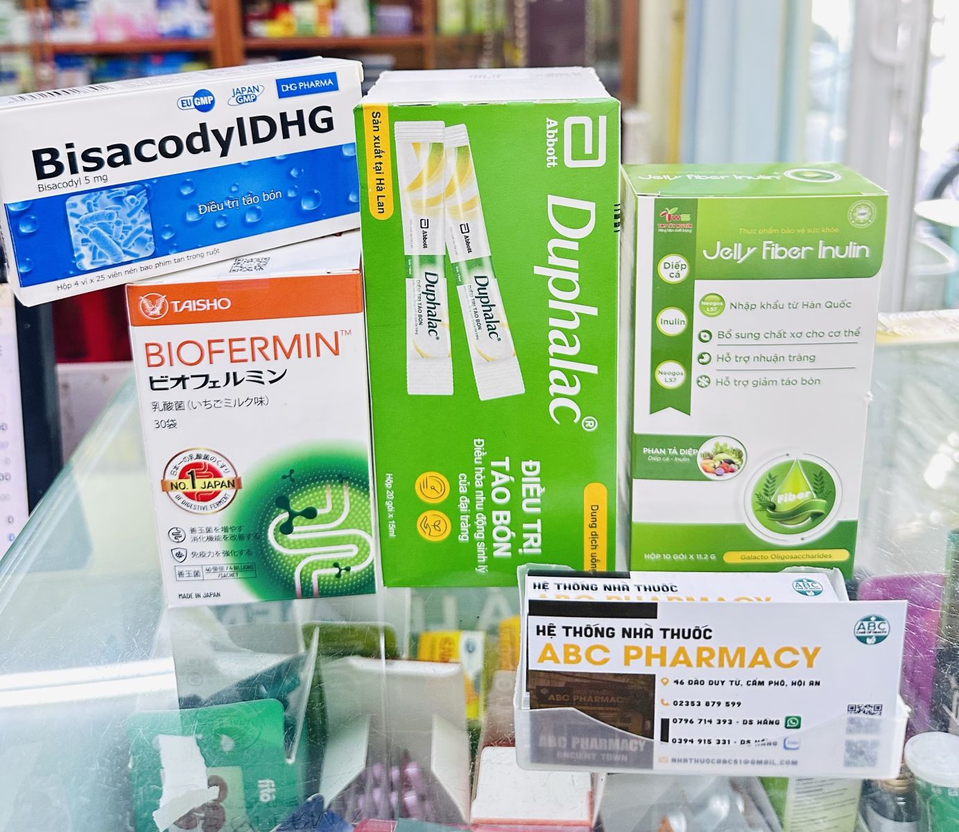 ABC Pharmacy Da Nang constipation support products including Duphalac, BisacodylDHG, Biofermin, and Jelly Fiber Inulin