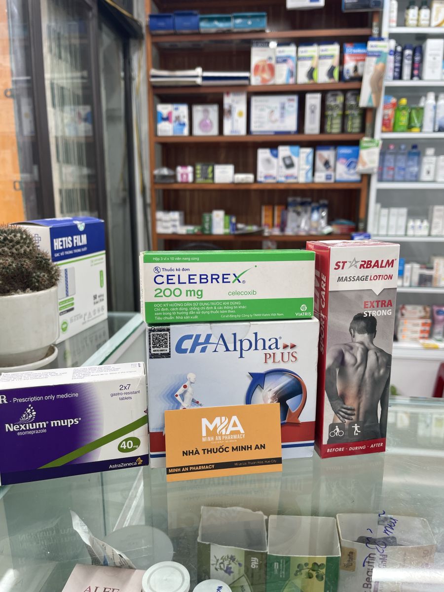 Pharmacy products for knee pain support including celecoxib, esomeprazole, topical massage lotion, collagen supplement, and knee support