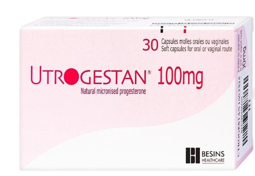 Utrogestan 100mg box containing natural micronized progesterone soft capsules for oral or vaginal use