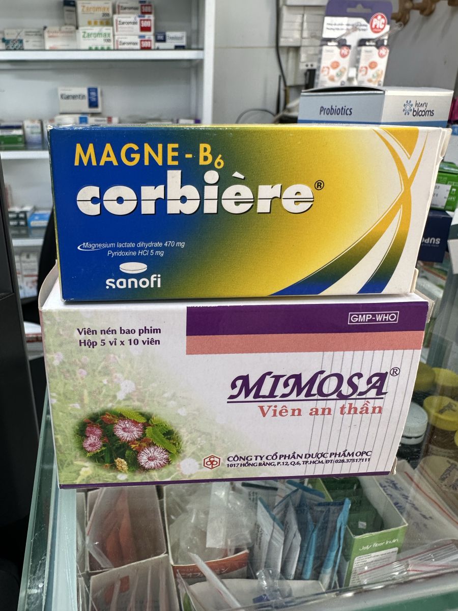 Magne-B6 Corbiere and Mimosa sleep support products available at a pharmacy in Hoi An, Vietnam