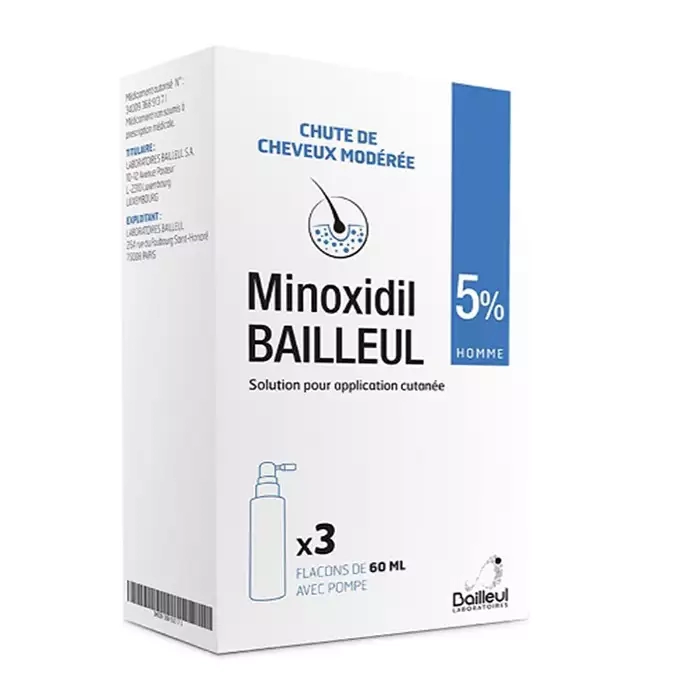 Minoxidil 5% Bailleul topical scalp spray solution product box for hair loss support