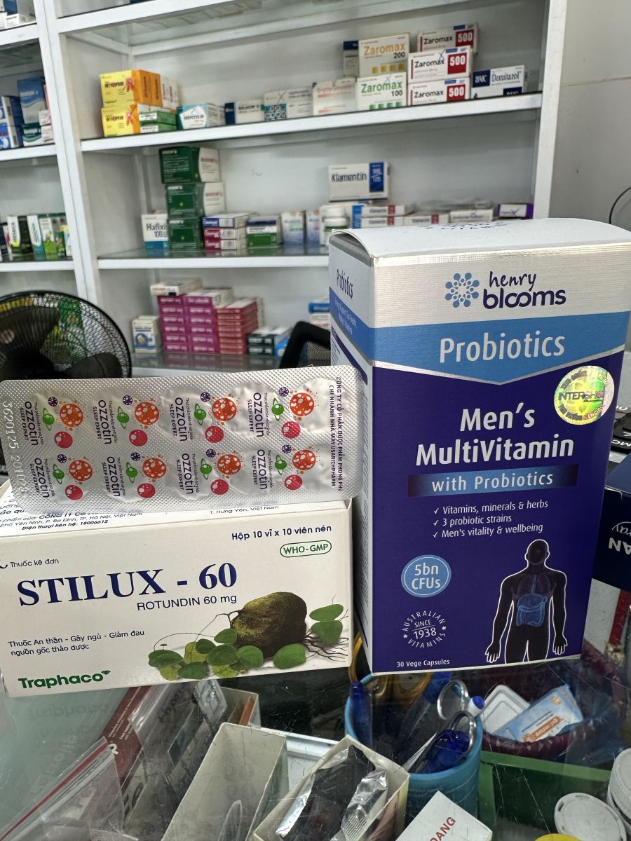 Stilux-60, Ozzotin Sleep Expert and Henry Blooms Men's Multivitamin with Probiotics at a pharmacy in Hoi An, Vietnam