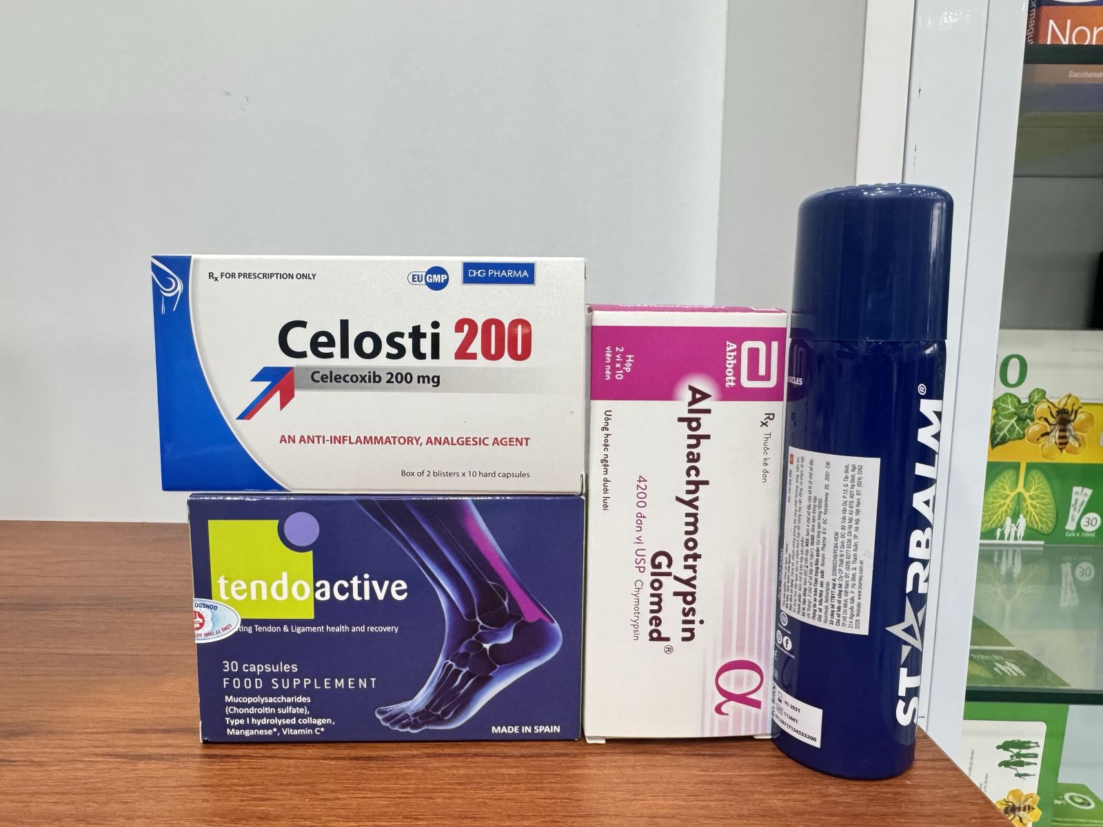 Pharmacy products shown for pharmacist-reviewed support after a twisted ankle with mild swelling in Hoi An